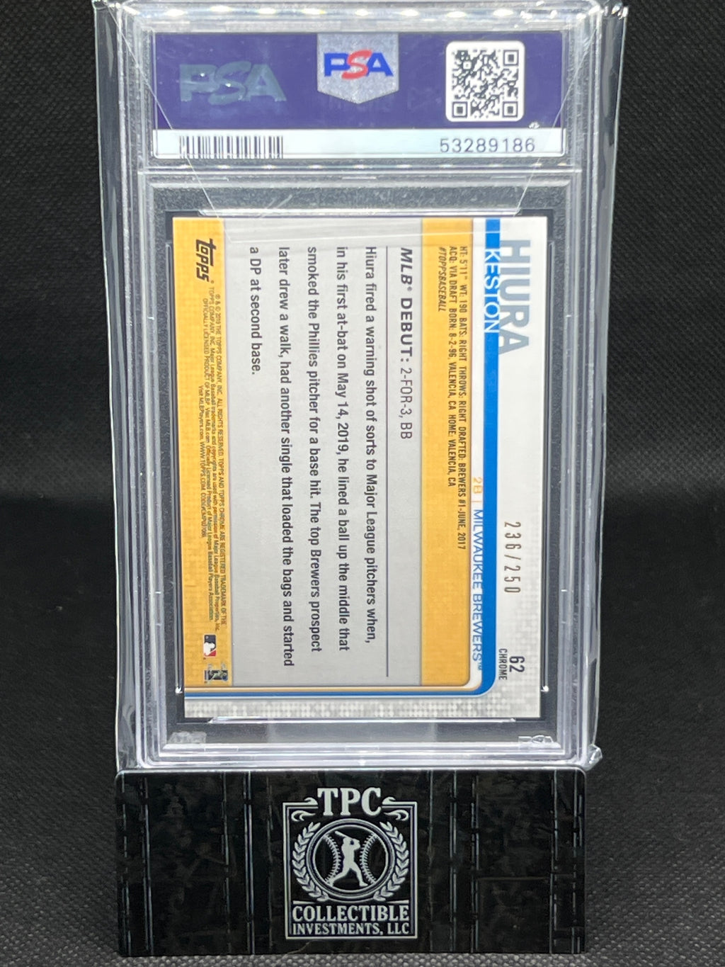 2019 Topps Chrome Update #62 Keston Hiura Update-Refractor PSA 10 #/50