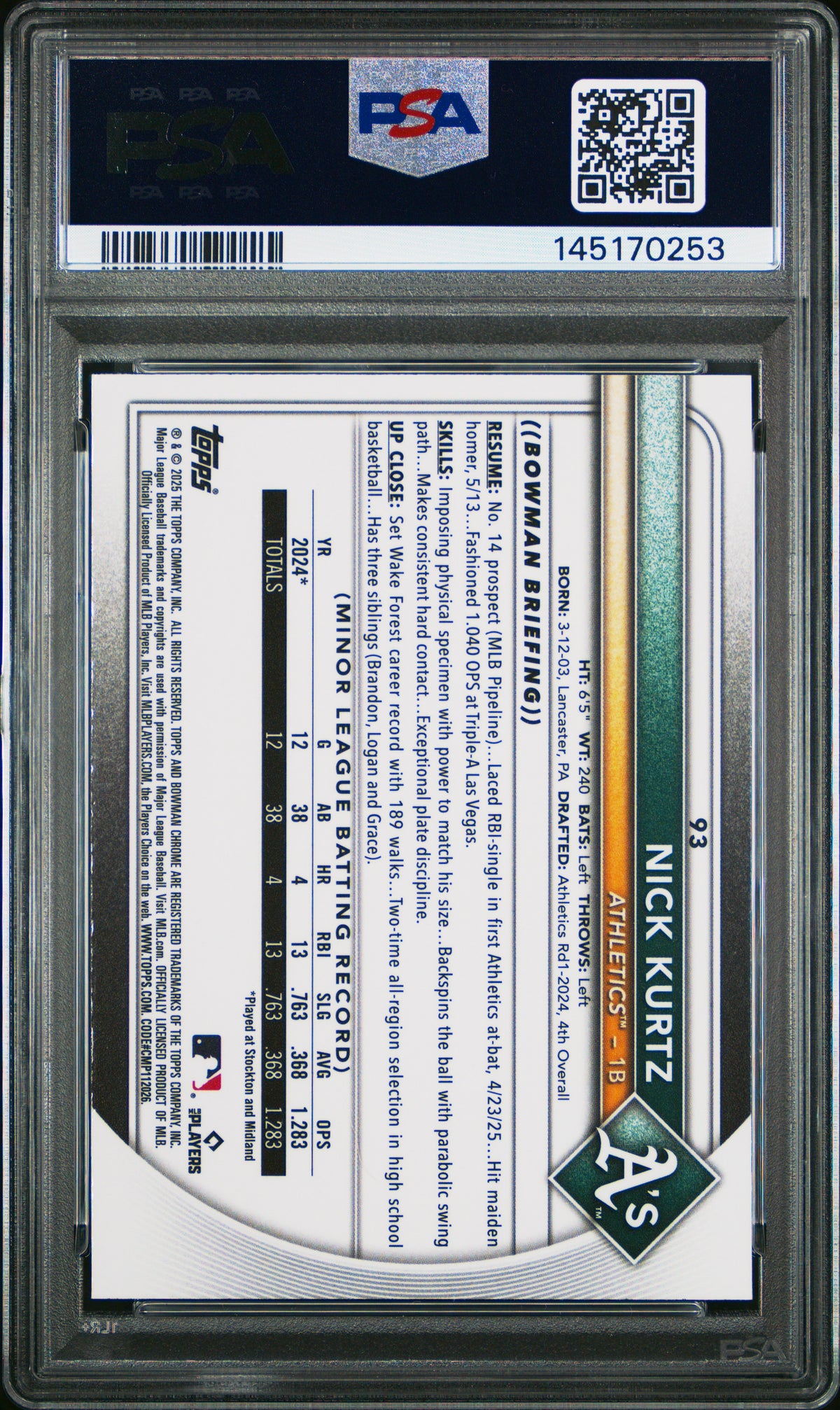 2025 Bowman Chrome #93 Nick Kurtz PSA 9