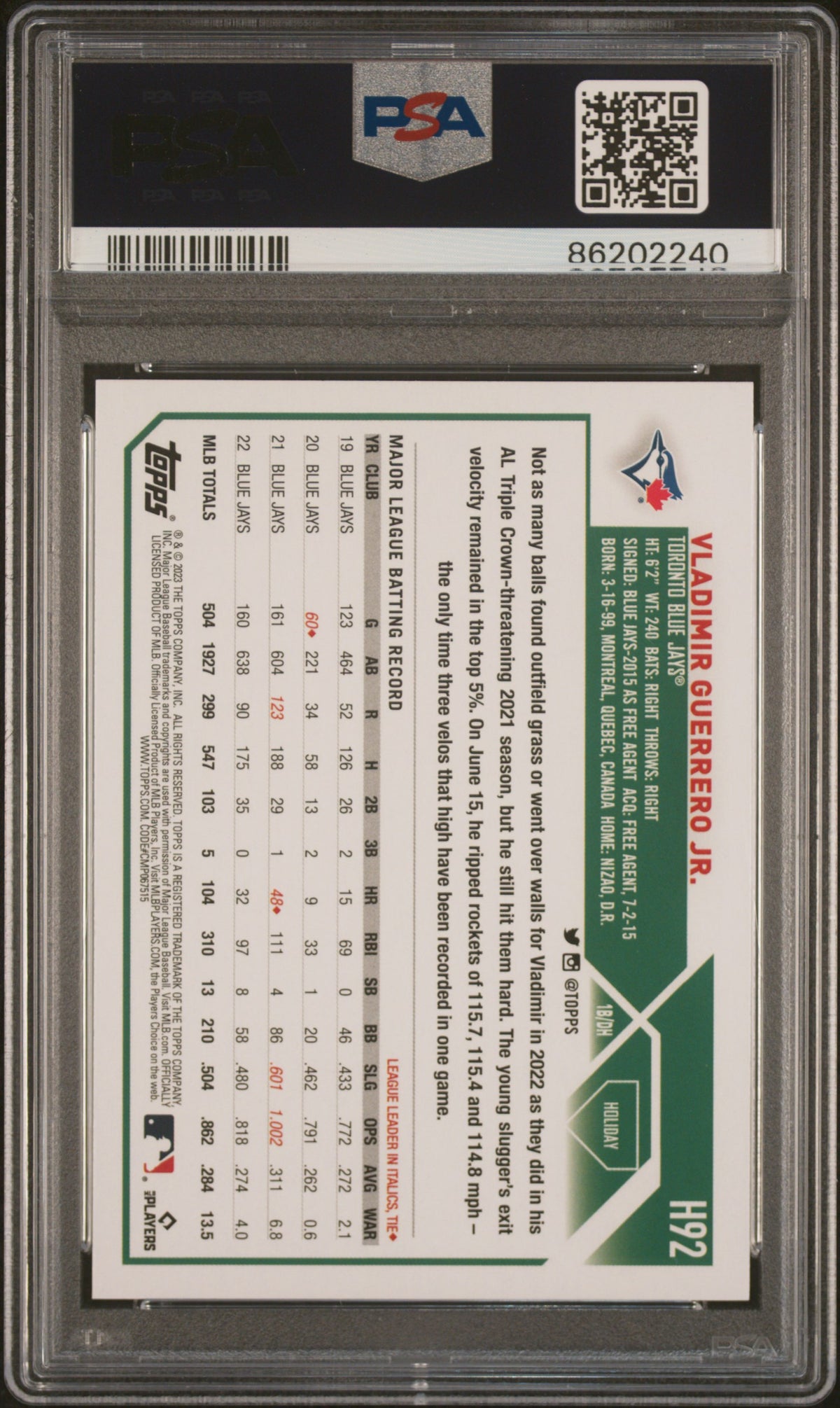 2023 Topps Holiday #H92 Vladimir Guerrero Jr. Ssp PSA 10