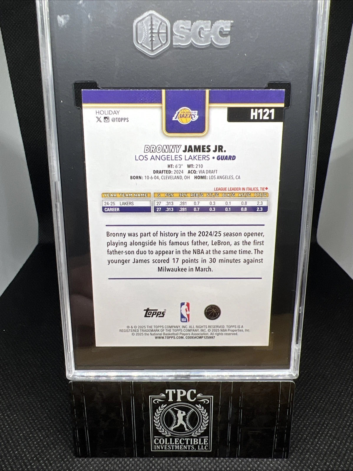 2025 topps Holiday H121 Bronny James Jr. SGC 10 Lakers